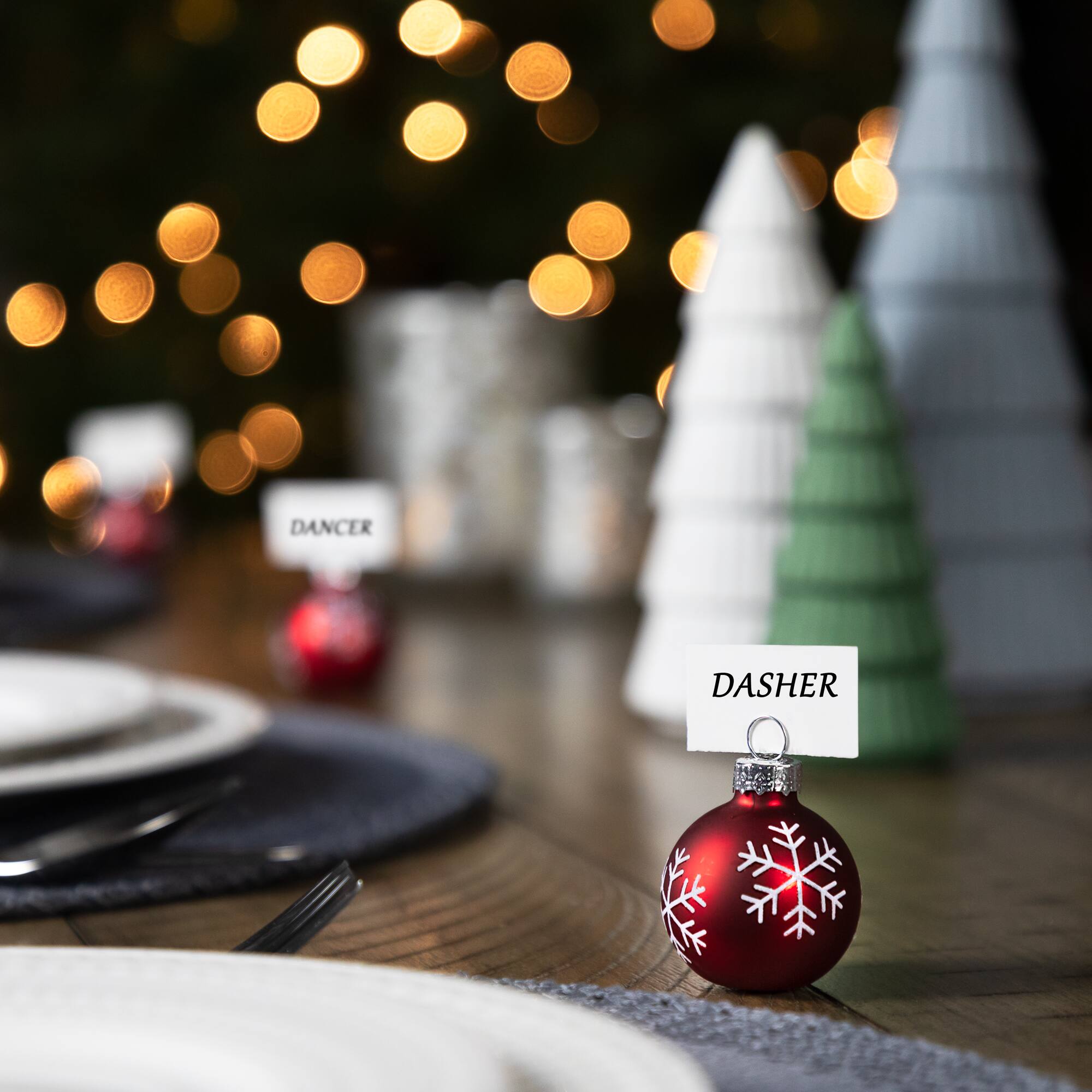 2" Red with Snowflake Accents Christmas Glass Ball Ornament Place Card Holders, 6 ct.